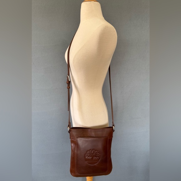 Timberland Genuine Leather Crossbody Bag Purse Brown Embossed Logo - Picture 1 of 16